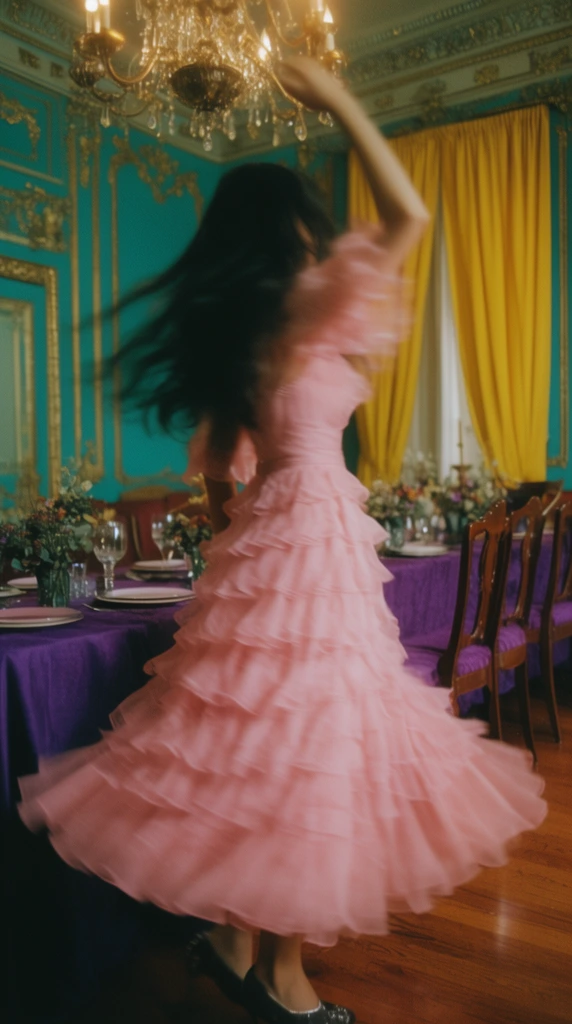 A woman twirls in a ruffled pink gown within an ornate dining room. Captured with cinematic motion blur, her dark hair sweeps as she lifts one arm. The striking interior features teal walls with gold paneling, yellow curtains, and a long table draped in purple cloth on a hardwood floor. Warm overhead lighting enhances the vintage 35mm film aesthetic and rich, contrasting colors.