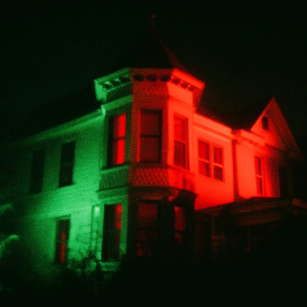 A house featuring a prominent corner turret emerges from pitch-black darkness, illuminated by intensely saturated, dual-tone artificial light. The architectural geometry of the turret and facade forms stark silhouettes against an intense split of toxic emerald green and searing crimson red illumination washing across the exterior walls and spilling from the structural openings. Deep, crushing black shadows swallow the surrounding environment and the edges of the frame, creating a heavy vignette. The composition is rendered with a gritty, high-contrast chiaroscuro aesthetic, characterized by thick analog film grain, a slightly soft focus, and a lo-fi nocturnal exposure.