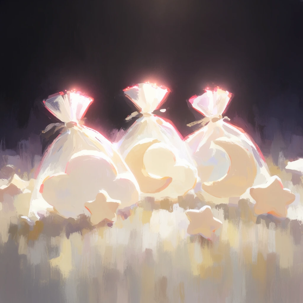 Three small tied bags containing a crescent moon and cloud shapes sit closely together, surrounded by scattered star shapes. Rendered in a loose, expressive digital painterly style mimicking heavy impasto oil technique, the composition features dramatic chiaroscuro with a near-black, moody background gradient of deep charcoal and muted violet. Intense, ethereal top-down backlighting strikes the subjects, bathing them in brilliant warm white and pale cream tones while creating a distinct, magical reddish-pink rim glow along their upper edges. The forms are defined by energetic, unblended brushstrokes, giving the shapes a soft, radiant, slightly textured quality. The immediate foreground consists of broad, blurry, vertical paint strokes in pale ochre, gray, and white, simulating a shallow depth of field and grounding the luminous objects within a dreamy, highly atmospheric environment characterized by thick, painterly abstraction.