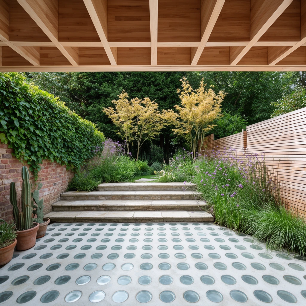 A courtyard framed by an exposed light wood coffered ceiling and a concrete patio floor embedded with a grid of circular glass insets. Shallow stone steps ascend to a lush garden. An ivy-draped brick wall and potted cacti border the left, while tall grasses and purple flowers line a wooden slat fence on the right. Slender trees with yellowish foliage stand against a deep backdrop of dense mature greenery. The architectural photography captures bright natural daylight, emphasizing the geometric contrast between structured hardscaping and organic plants.