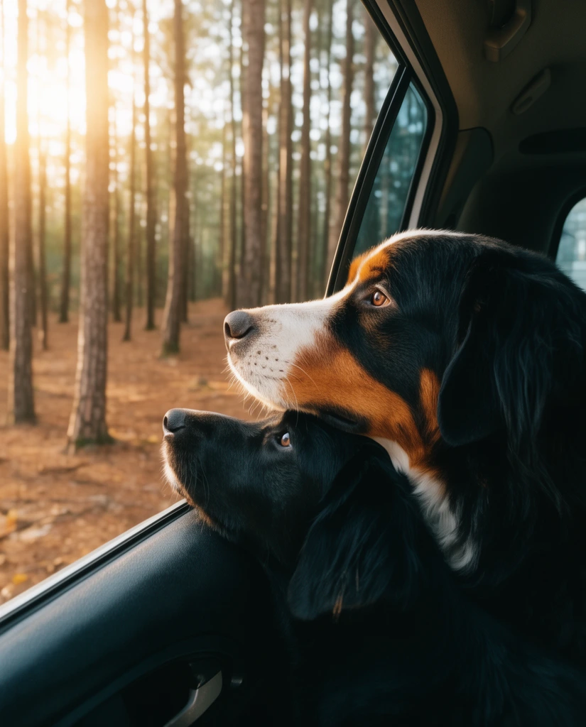 Two dogs looking out car window, Bernese Mountain dog resting chin on black dog, sandy snouts in profile, gazing at sunlit pine forest, slender tree trunks, brown forest floor, bright sun glare entering window, dark car interior, warm golden lighting, shallow depth of field