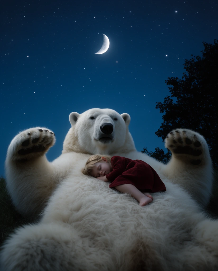 A giant polar bear rests on its back beneath a deep blue night sky with scattered stars and a crescent moon, extending its thick white paws upward. A small child in a dark red dress sleeps nestled on the bear's plush stomach. A black tree silhouette frames the right edge of the composition, highlighting the magical realism style, soft cinematic lighting, and rich fur textures.