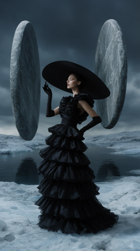 A woman in a tiered black dress, wide hat, and gloves poses dramatically on a desolate icy landscape. Two giant stone discs float vertically over dark water behind her. Moody, cinematic high-fashion surrealism with cool tones.
