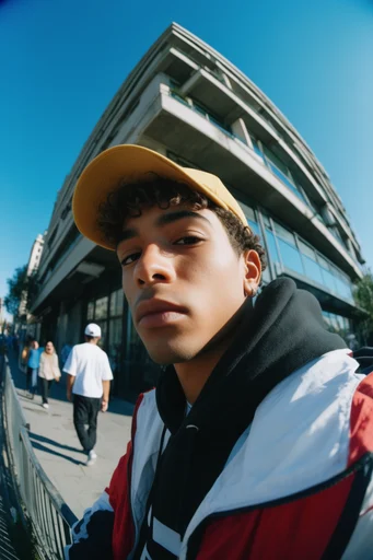 Dynamic Urban Fisheye style reference image — vivid blue sky