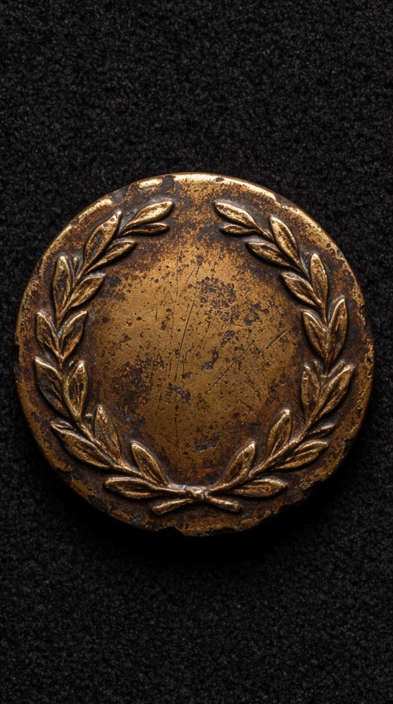 macro photograph of a weathered antique bronze medallion on a matte black coarse fabric, top-down perspective, circular metallic object featuring a raised bas-relief laurel wreath curving along its outer edge, heavy surface patina, deep pits, intricate scratches, irregular worn perimeter, rich golden-brown tarnished metallic sheen, dramatic directional studio lighting casting micro-shadows across textured metal ridges, stark contrast between reflective bronze and dark porous backdrop, sharp focus