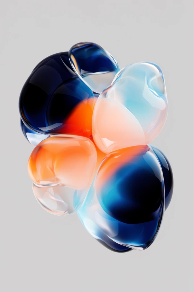 A centralized cluster of abstract, translucent organic shapes floats against a solid light gray background. The viscous, bulbous forms intertwine with vibrant internal gradients of deep navy blue, bright orange, soft peach, and icy cyan. Resembling glossy glass or thick jelly, the highly polished surfaces reflect soft studio lighting, creating bright specular highlights and deep, colorful refractions. This minimalist 3D render emphasizes fluid, weightless volume and striking complementary colors.