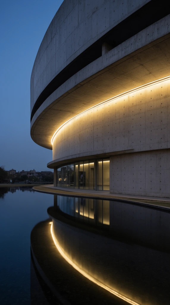 A monumental curved concrete building sits beside a still reflecting pool under a deep blue twilight sky. The brutalist structure features smooth walls with regular tie-rod holes and a massive overhanging upper tier. A continuous strip of warm yellow lighting illuminates the overhang's underside, contrasting sharply with the cool dusk environment. Curved ground-level glass windows glow from within while distant low-rise silhouettes line the horizon. The dark water perfectly mirrors the sweeping illuminated geometry in this crisp, low-angle architectural photograph.