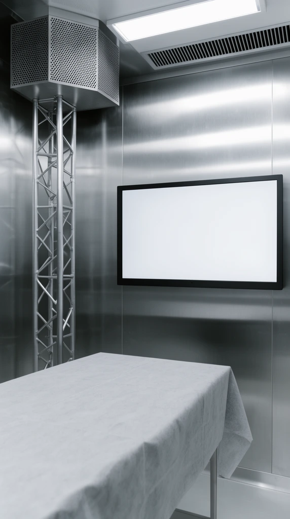sterile metallic room interior, light grey fabric-draped table in foreground, large blank flat screen monitor on brushed steel wall, vertical silver metal truss column, perforated hexagonal metal box near ceiling, bright overhead light panel, slatted ventilation grate, reflective wall panels with visible seams, monochrome palette, stark clinical lighting, futuristic minimalist style