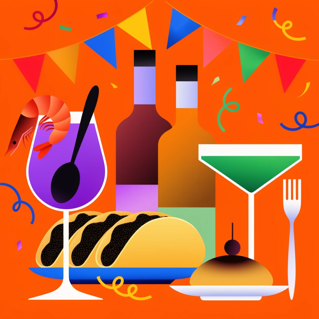 A vibrant geometric flat-vector illustration of a festive feast against a bright orange background. A large glass holding a purple liquid, a shrimp, and a black spoon sits beside a blue plate of tacos with dark, stippled filling. Two tall minimalist bottles stand behind the food. On the right, a white fork rests near a green cocktail and a plated pastry. Colorful triangular bunting hangs overhead, while playful confetti and curling ribbons float throughout. The composition features bold contrasting colors, crisp edges, and simplified graphic shapes with smooth color gradients.