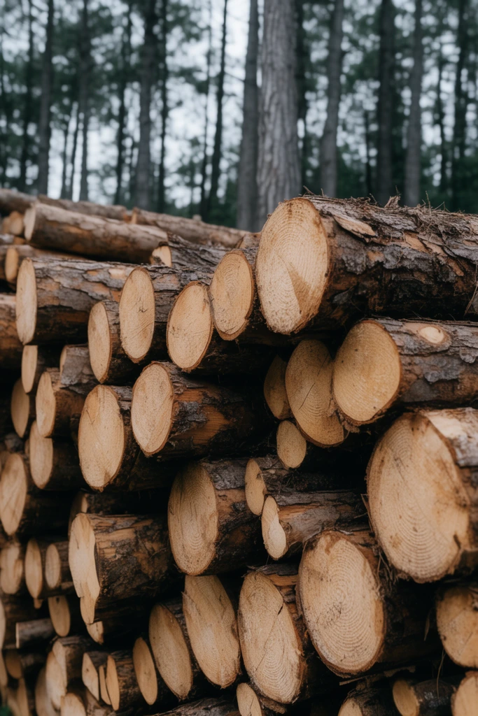 Massive stack of freshly cut wooden logs, light brown circular cross-sections, rough dark bark, tall pine forest background, shallow depth of field, muted earthy tones, natural daylight, rich rustic textures, close-up outdoor photography