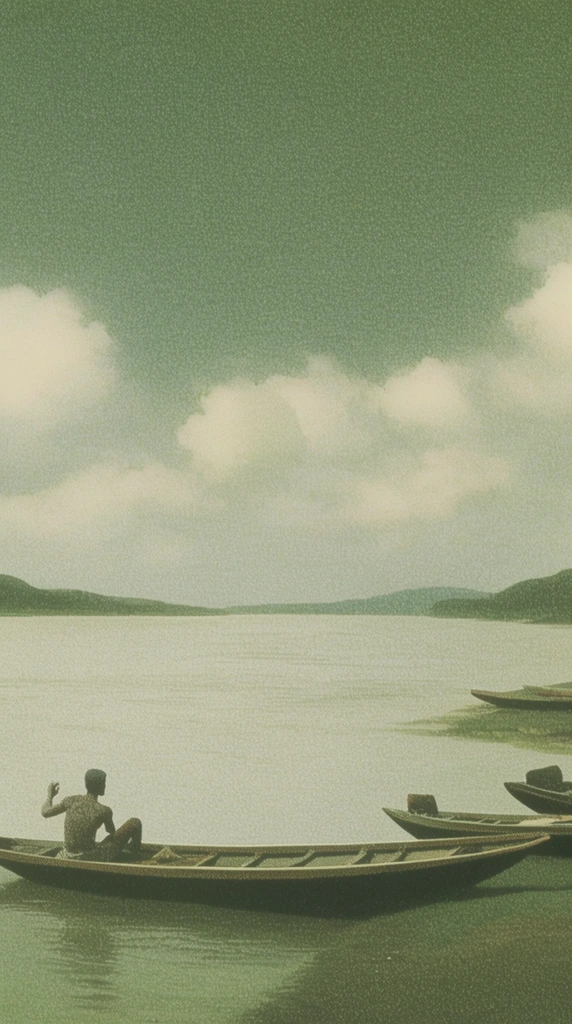 A vintage, deeply grainy retro-style illustration of a wide river stretching across the middle of the scene, rendered in a muted, nearly monochromatic palette of olive green, moss, and cream. In the foreground near the bottom edge, a long, narrow wooden boat sits parallel to the shore, occupied by a man facing right with his left arm raised. To the right, behind the primary boat, parts of two other similar boats rest near the shore. Across the water in the distance, low hills form a minimalist horizon line. A cloudy sky fills the upper half of the composition, featuring soft, pillowy off-white cloud formations contrasting against a vast, heavily textured dusty green sky. The visual execution applies a dense, pointillist film grain and heavy stippling effect reminiscent of a faded 1970s screen print. The lighting is soft and diffused, emphasizing subtle gradients, smooth matte surface qualities, and an ethereal, minimalist atmosphere dominated by desaturated, earthy green tones.