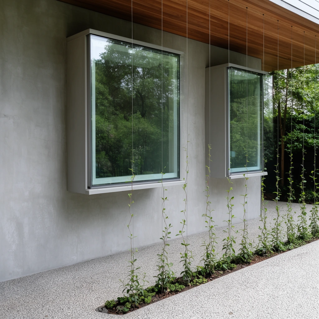 Two protruding minimalist glass box windows project from a smooth grey concrete facade under a wooden overhang, their panes reflecting lush trees. Delicate green vines climb thin vertical tension wires dropping to a narrow planter along a textured aggregate courtyard in soft daylight.