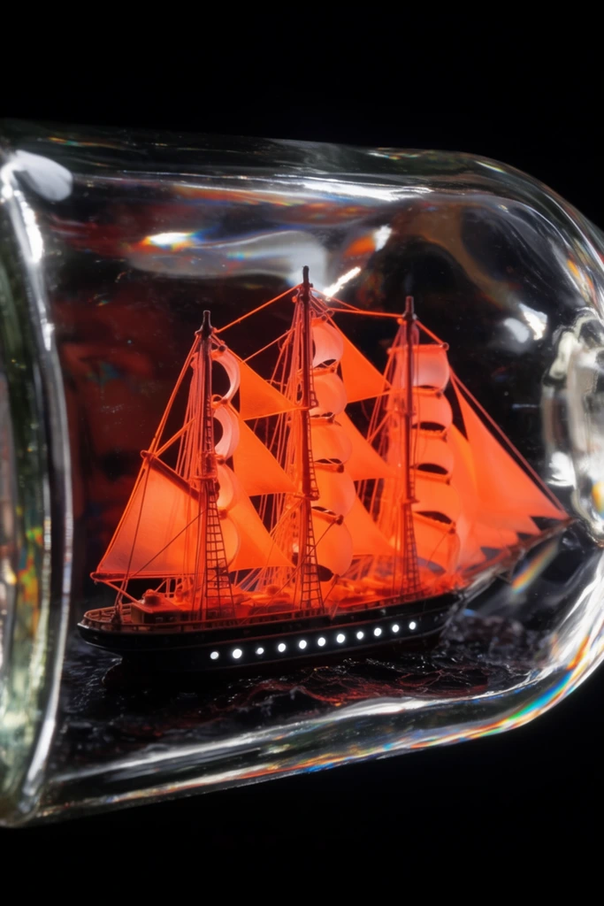 A miniature three-masted sailing ship enclosed within a horizontal glass bottle against a pitch-black void. The ship's intricate rigging and billowed sails are illuminated by a striking neon-orange glow. Its dark hull features a row of bright portholes, resting on a textured dark surface mimicking ocean waves. The surrounding transparent glass creates heavy optical distortion, capturing bright white specular reflections and subtle prismatic chromatic aberration along its thick curved edges in a high-contrast, macro-photography composition.