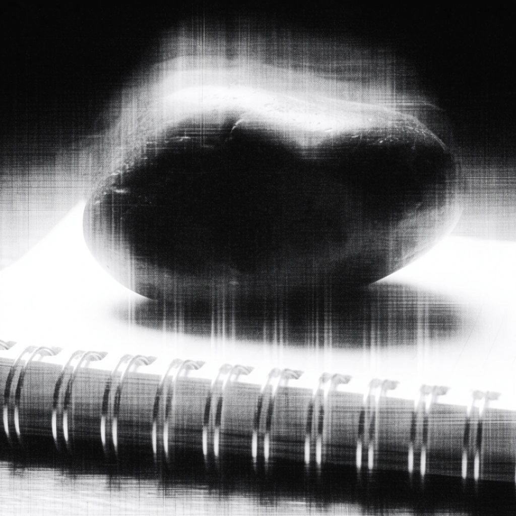 A single stone rests atop a spiral notebook, depicted in a highly textured, ghostly black-and-white aesthetic heavily distorted by mechanical degradation and digital noise. The dark, amorphous silhouette of the stone bleeds outward, its edges smudged by extreme motion blur and ethereal glowing effects. Beneath it, the bright pages of the notebook form a blown-out, luminous white surface, while the repeating metallic loops of the spiral binding dissolve into vertical streaks of stark light and shadow. A dense, weave-like pattern of horizontal and vertical scanlines overlays the entire scene, establishing a crosshatched glitch effect composed of distressed photocopy textures and CRT monitor interference patterns. High-contrast chiaroscuro lighting dominates the composition, juxtaposing deep, inky black areas with intense, overexposed highlights. Heavy film grain and prominent halftone grids further obscure the physical boundaries of the objects, completely submerging the stone and notebook in a moody, high-exposure, heavily textured environment.