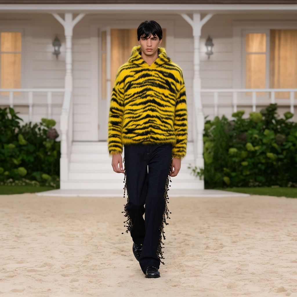 A fashion model walks a sand runway in a fuzzy yellow and black tiger-stripe hooded pullover and dark trousers with beaded side fringe. Behind him is a white wooden house set with a porch and shrubs under bright lighting.