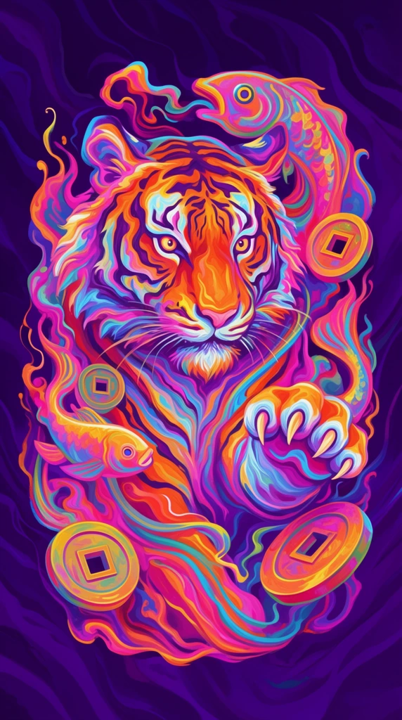 A vibrant, psychedelic illustration of a tiger emerging from a dark purple background. Rendered in flowing, liquid-like strokes of neon orange, magenta, cyan, and yellow, the tiger raises one front paw with sharp claws extended forward. Fluid, glowing tendrils intertwine with the animal's form, along with stylized motifs resembling a curving fish and traditional round coins with square holes. The highly energetic composition mixes cultural symbolism with glowing digital art techniques, set against a backdrop of subtle abstract waves.