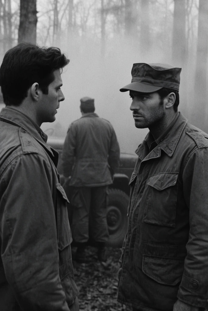 two soldiers in intense conversation in a foggy forest, black and white cinematic film still, mid-shot, rugged man on the right with stubble wearing a military patrol cap and heavy field jacket, staring sternly at his companion, man on the left in profile with dark hair and matching jacket, third soldier in the blurred background facing away near a vehicle tire, thick atmospheric smoke, bare tree trunks, high contrast diffused lighting, grainy film texture, wide aspect ratio framing