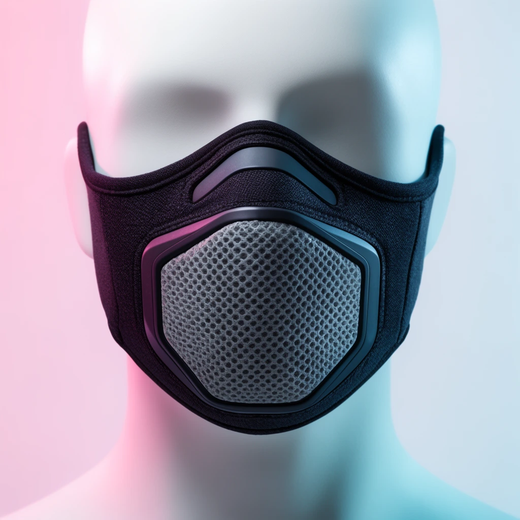 A futuristic dark fabric face mask rests on a featureless matte white mannequin head. The mask has a textured grey hexagonal central filter framed by smooth trim. The minimalist studio backdrop uses a soft lighting gradient, casting pink light on the left and cool cyan on the right. The photorealistic product photography highlights contrasting textures of woven mesh, plastic, and matte surfaces.