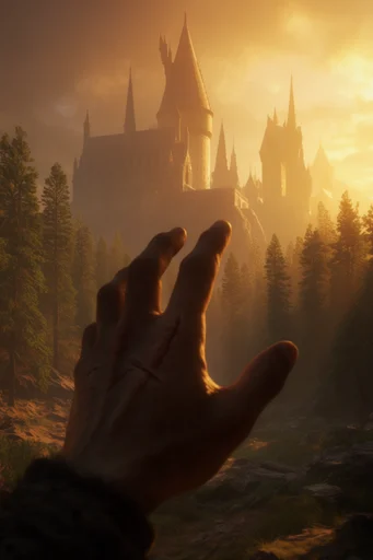 Cinematic Mythic Inferno style reference image — golden hour