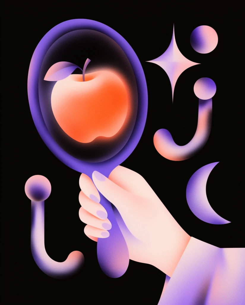 pale hand holding a purple hand mirror reflecting a glowing orange apple, solid black background, surrounding floating abstract shapes, four-pointed star, crescent moon, spheres, curved hooks, soft purple and coral tones, grainy airbrush texture, surreal digital illustration