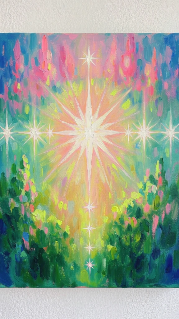 An ethereal impressionist painting features a radiant, multi-pointed star bursting with white light amidst a dreamlike forest of vibrant green, pink, and blue hues. A central, brilliant white star serves as the focal point, emitting long, needle-like rays in every direction against a soft peach and yellow halo. Flanking the main star along its horizontal axis are several smaller, white starbursts. A vertical sequence of five tiny, four-pointed stars descends from the center into the dark green foliage at the bottom. The landscape is composed of textured, vertical brushstrokes in shades of emerald and lime green that transition into tall, slender forms of pink, magenta, and cerulean blue at the top. Golden-yellow light spills from the central star onto the greenery below, creating a sense of illumination within the abstract woods. The artwork is executed in a painterly style with visible, expressive brushwork and layered colors that produce a glowing, atmospheric effect. The composition is symmetrical and centered, captured from a straight-on, eye-level perspective while mounted on a textured white wall. The color palette is highly saturated, utilizing a high-contrast mix of cool teal and blue against warm, neon-tinged yellows and pinks.