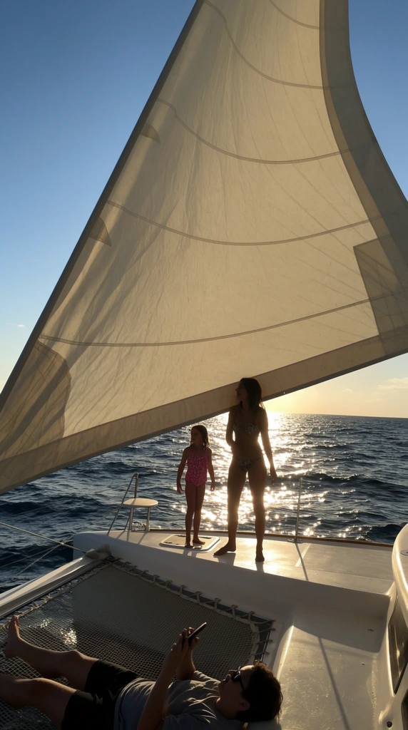 A massive off-white triangular sail dominates a catamaran deck gliding over the open ocean during golden hour. Beneath the sail's trailing edge, a woman in a bikini is heavily silhouetted against the intense, sparkling sun glare reflecting off the choppy dark blue water. Beside her, a young barefoot girl in a pink patterned swimsuit stands on the white fiberglass deck looking left. In the immediate foreground, a person wearing sunglasses and a t-shirt lies comfortably on their back in the boat's netting, holding up a phone. The taut fabric of the sail features visible horizontal seams, angling up toward a clear blue sky. The eye-level deck perspective highlights the high-contrast backlighting and serene sun-drenched maritime environment.