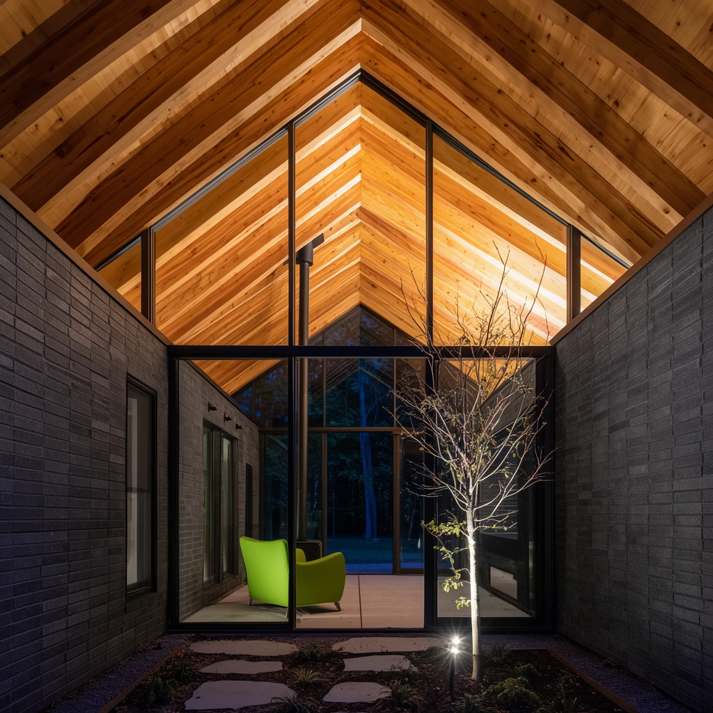 A modern architectural structure at night featuring a dramatic vaulted ceiling with exposed, warmly illuminated light wood rafters. Dark gray masonry walls flank a central breezeway framed by large glass panes. Within the covered patio, a bright lime green armchair sits near a thin black stove pipe. An uplight illuminates a sparse bare tree in a small foreground planter beside stepping stones. The straight-on symmetrical composition creates a deep perspective leading to a dark forested background.