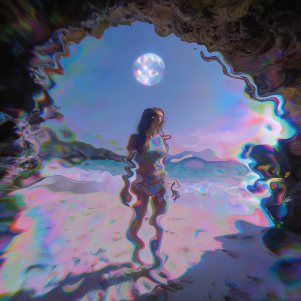 A view from inside a cave looking out at a woman on a beach beneath a moon, heavily manipulated with intense fluid displacement and wavy, liquid-like distortion. The craggy silhouette of the cave mouth frames the foreground, its edges warping and bending into sinuous, melting curves. Beyond the dark rocky framing, the figure of the woman and the sandy beach are visually stretched and rippled, resembling a reflection on a moving water surface or a perspective seen through thick, severely warped glass. The moon in the sky above glows with dispersed, refracted light. Extreme chromatic aberration fractures the borders of every shape, creating vivid, separated color fringing in neon pink, cyan, magenta, and vibrant green. The entire composition is bathed in an iridescent color palette of dominant cool blues, ethereal purples, and soft pastel pinks. The lighting is heavily diffused and prismatic, producing glossy, glassy highlights and a highly psychedelic, refractive aesthetic.