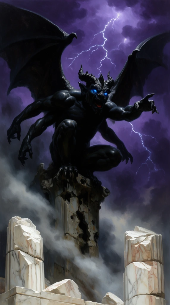 four-armed obsidian gargoyle, glowing blue eyes, jagged horns, muscular build, perched on a decaying stone spire, reaching forward, stormy purple sky illuminated by silver lightning, swirling grey mist, shattered marble columns, dramatic classical oil painting, intense chiaroscuro