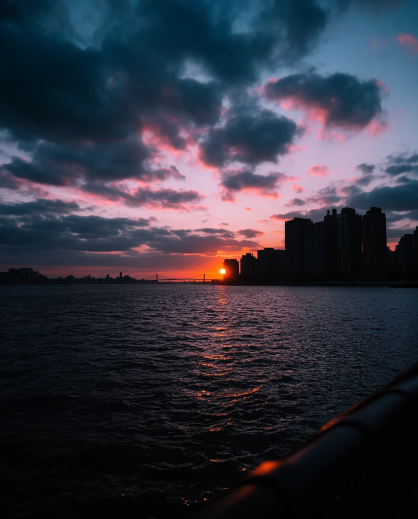 vibrant sunset over an urban waterfront, silhouetted city skyline and distant bridge on the horizon, glowing orange sun sinking behind dark building profiles, wide expanse of dark rippling water reflecting scattered golden light, dramatic sky filled with heavy dark clouds underlit by vivid pink and orange hues, dark out-of-focus cylindrical railing in the extreme bottom right foreground, wide-angle landscape photography, high contrast silhouette effect, rich twilight color palette of deep blues and fiery orange