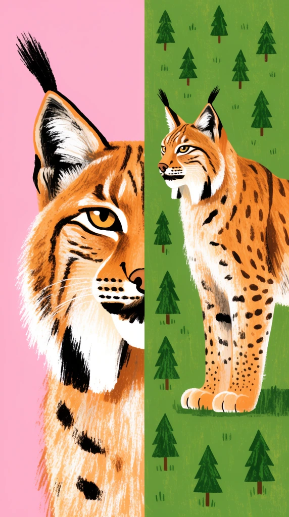 split panel illustration of a lynx, left side close-up textured portrait of the lynx with black ear tufts on a pink background, right side full-body profile of the spotted feline in a green field dotted with miniature pine trees, stylized graphic art, dry brush textures