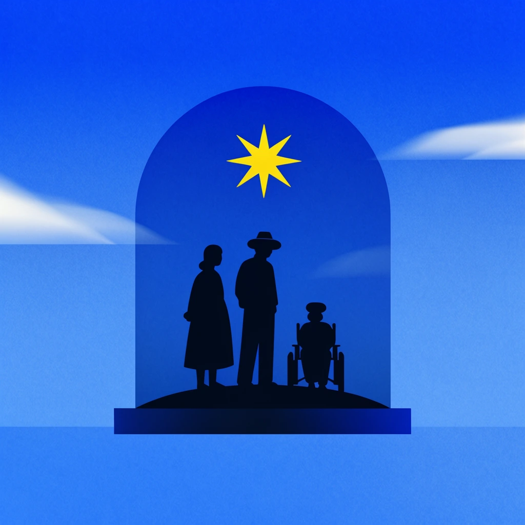 dark silhouette of a stable and figures inside a blue arched dome, bright yellow star, monochromatic blue gradient background, minimalist vector illustration, subtle grain texture, wispy white clouds