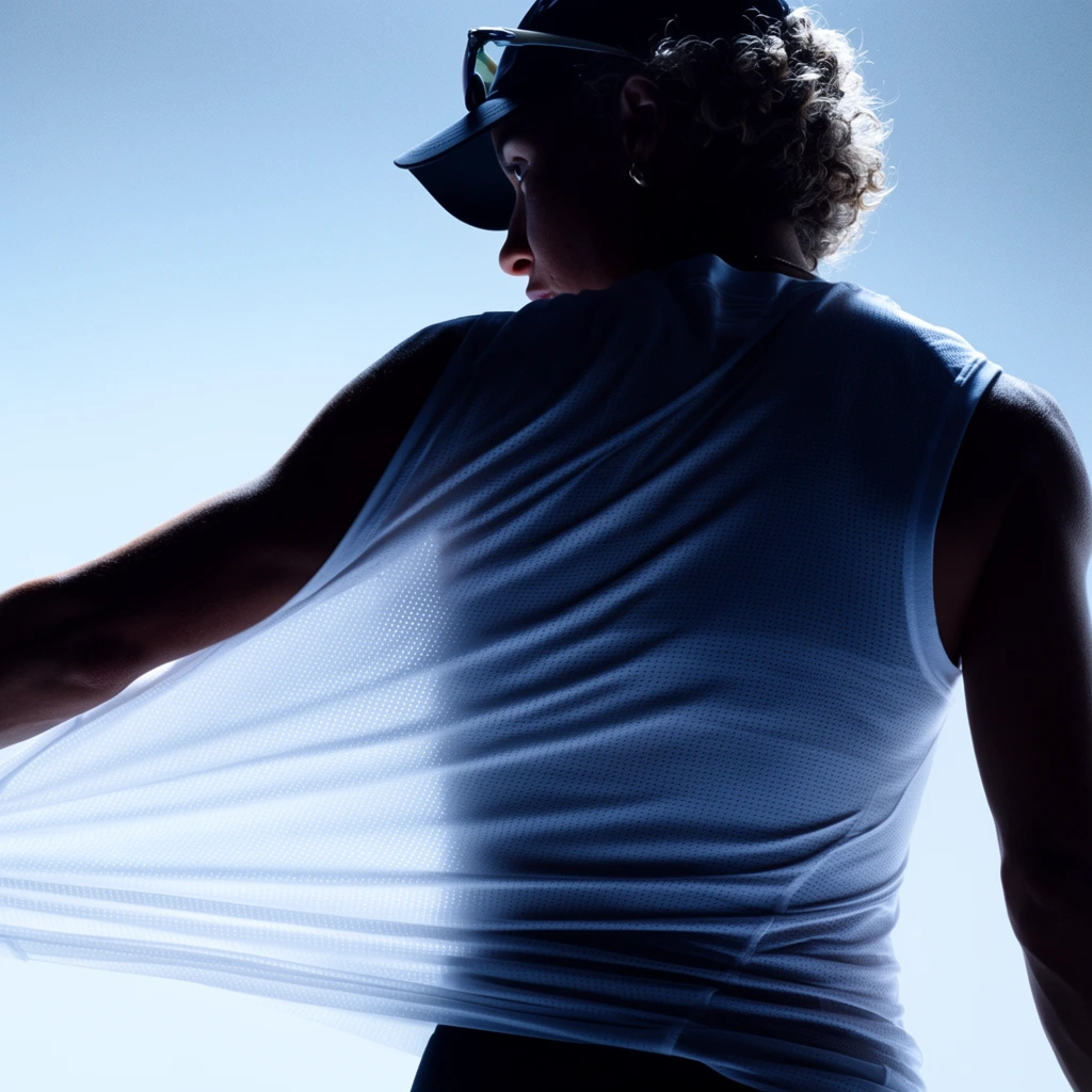 A dramatic studio portrait of an athlete captured from behind, looking over their left shoulder while stretching the fabric of a white sleeveless athletic shirt away from their torso. The subject wears a dark baseball cap with sunglasses resting on the brim, their curly hair catching bright rim light. Intense backlighting heavily illuminates the sheer, micro-perforated mesh texture of the stretched white fabric, emphasizing its lightweight translucency. The athlete's face and muscular arms are cast in deep shadow, creating a striking semi-silhouette against a minimalist, icy blue gradient background. The cool monochromatic color palette and crisp high-contrast lighting focus entirely on the technical weave of the apparel and the dynamic, twisting posture of the figure.