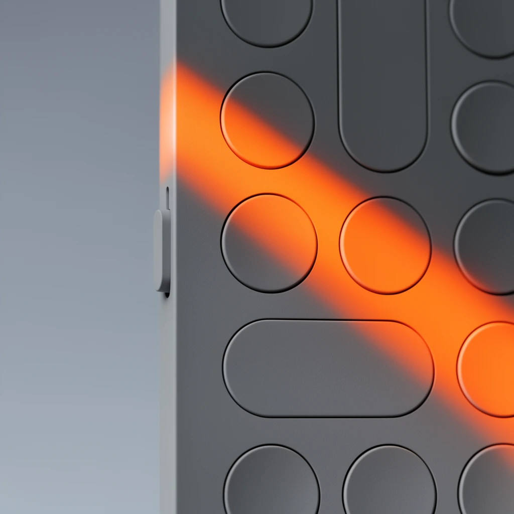 macro photography of a minimalist matte grey electronic interface, grid of flush circular and pill-shaped buttons, side edge featuring a small sliding switch, intense diagonal beam of vibrant orange light washing over the surface, cool grey ambient background, clean industrial design