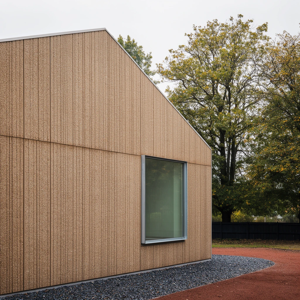 A minimalist gabled building clad in textured, light brown vertical panels stands against a pale overcast sky. A single large square window with a sleek metal frame reflects the muted light, breaking the grooved exterior. The structure meets the ground at a crisp border of dark grey gravel that curves into a pathway of reddish-brown earth. Behind the building, mature trees with green and yellow foliage rise beyond a dark fence. The diffused architectural photography emphasizes clean geometric lines and an earthy color palette.