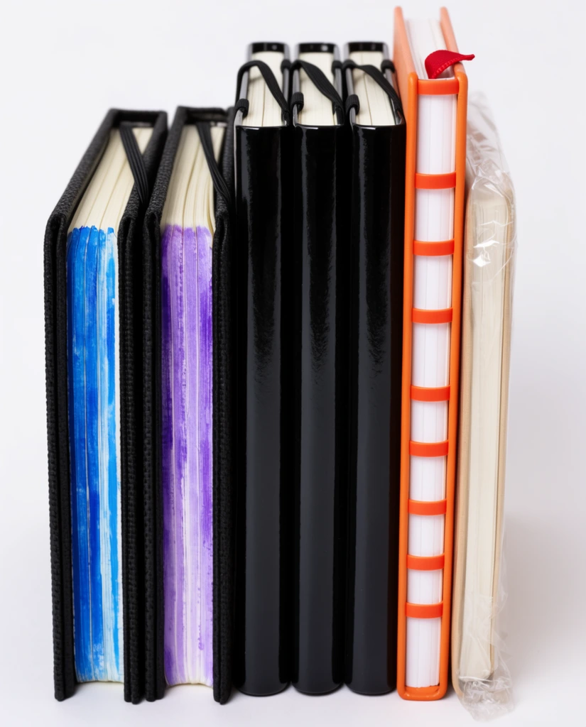 vertical row of standing assorted notebooks on a seamless white background, studio product photography, soft even lighting, textured black journals with blue and purple painted page edges, identical glossy black notebooks with top elastic bands, a softcover featuring a bright orange and white segmented spine with a red ribbon marker, thin beige pad wrapped in crinkled clear plastic on the far right