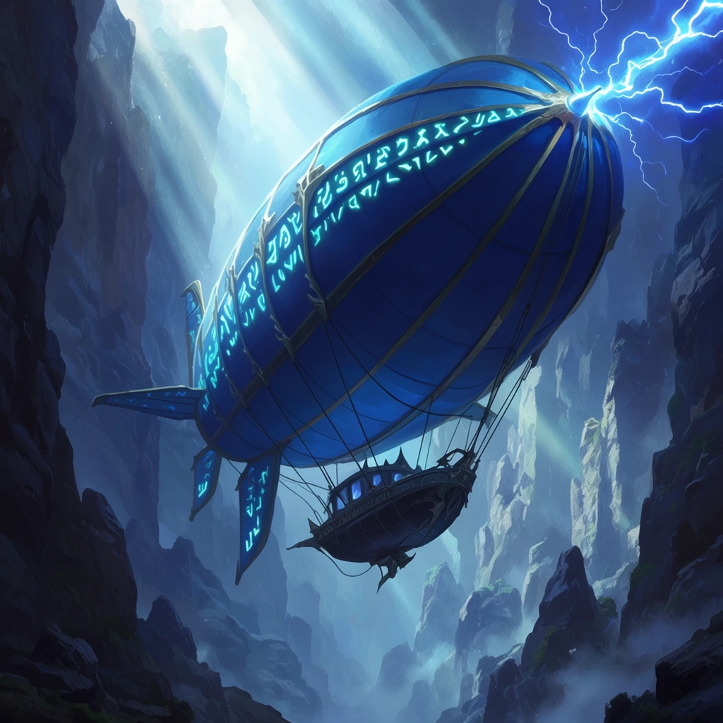 Large blue fantasy dirigible in a narrow canyon, glowing cyan runes on its hull, suspended dark gondola, crackling blue lightning striking the nose, towering jagged rocky cliffs, steep misty gorge, volumetric god rays from above, cool cyan and deep blue palette, cinematic digital concept art, epic scale