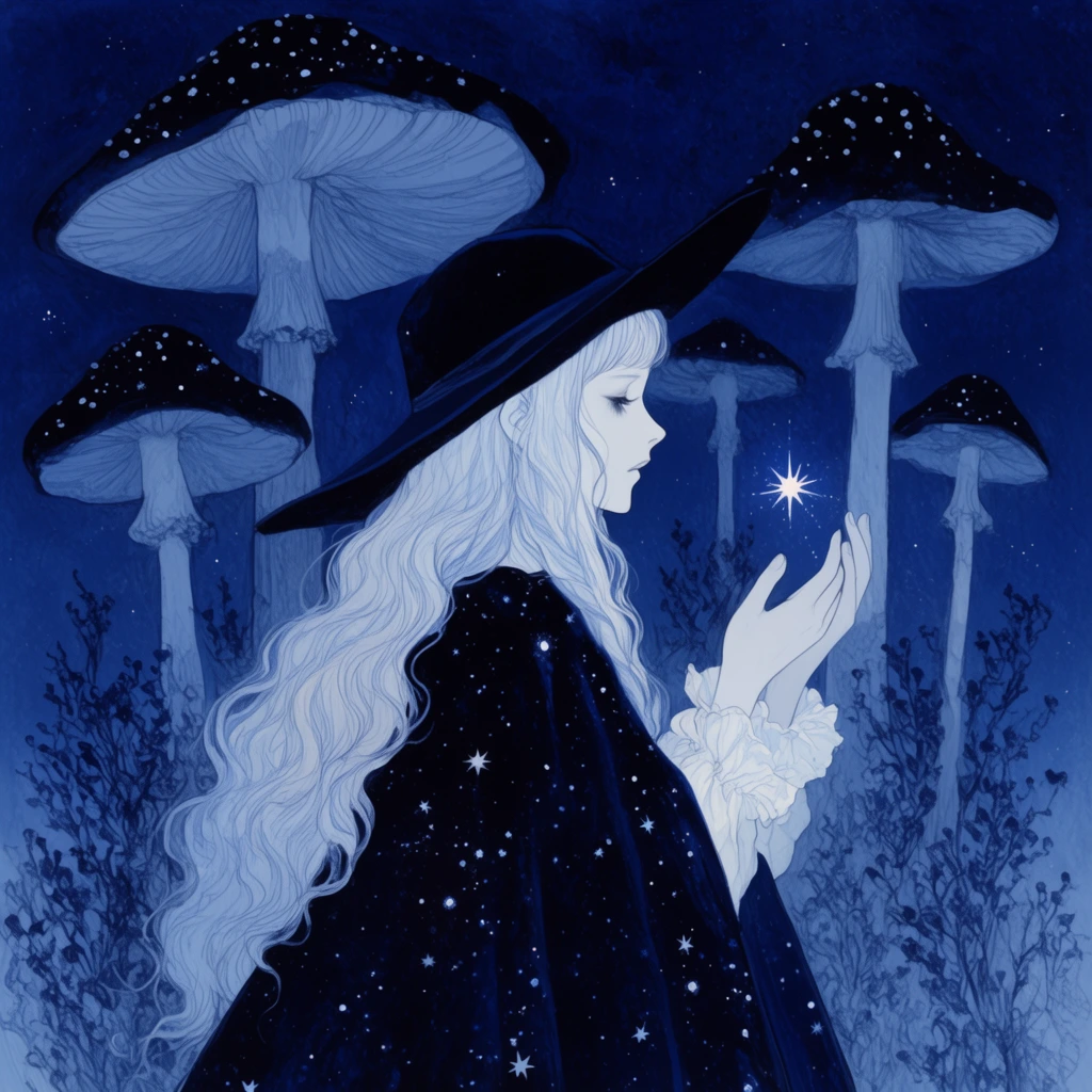 young woman in profile holding a tiny glowing star, long wavy pale hair, dark wide-brimmed hat, starry cloak with ruffled cuffs, giant towering mushrooms with dark starry caps, deep indigo night sky, sparse bushes, monochromatic navy and ice blue palette, ethereal fantasy illustration