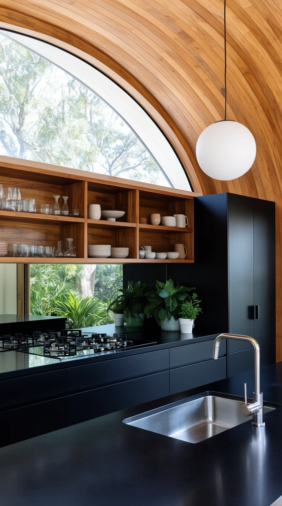 A sleek modern kitchen contrasting matte black counters and cabinets with warm wood open shelving and a curved wooden ceiling. A stainless steel sink sits on the island. The shelves display ceramics and glassware above a mirrored backsplash reflecting lush outdoor greenery. A large upper window, a white spherical pendant light, and vibrant potted plants complete the high-contrast architectural interior.