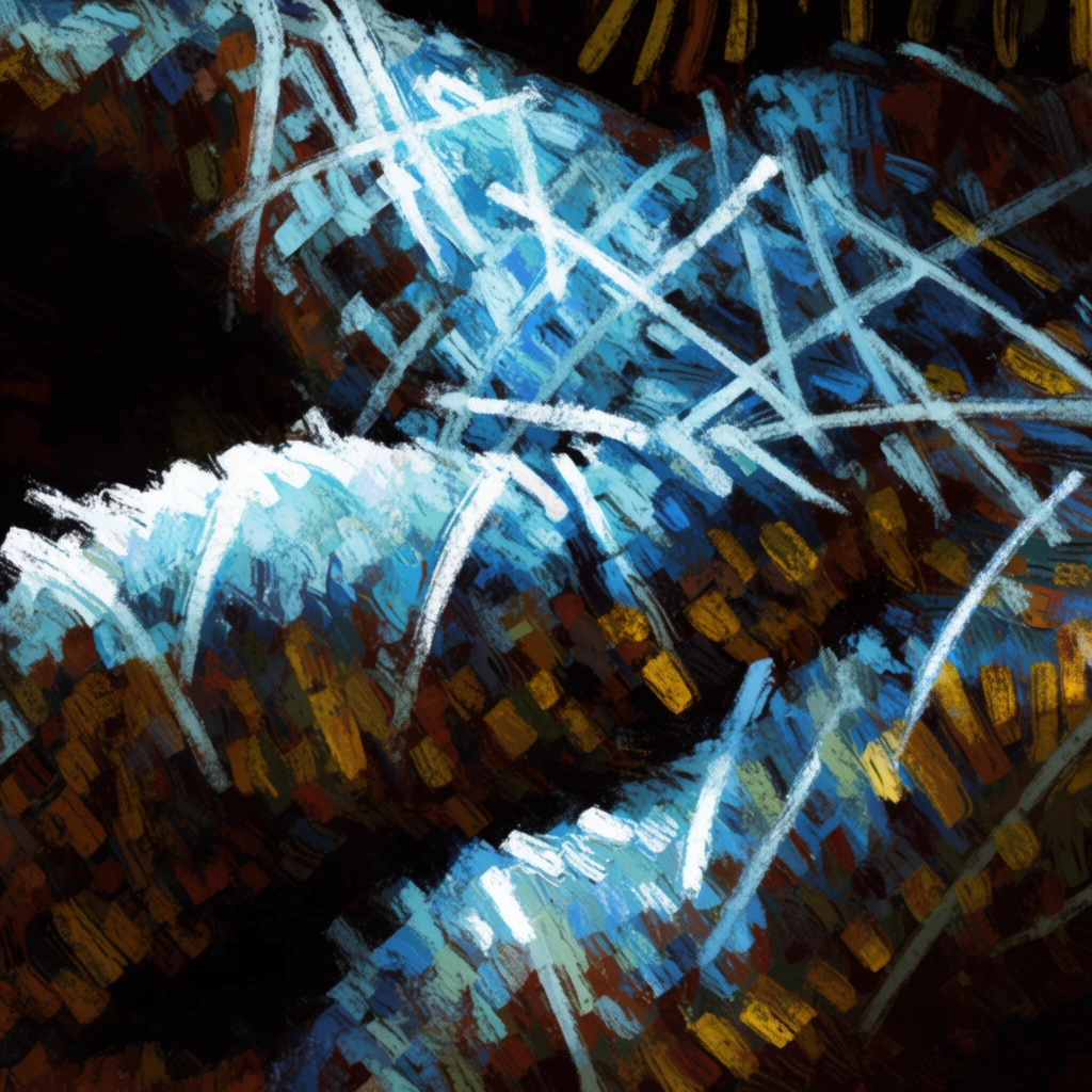 Abstract shapes and scribbles with lines crisscrossing the surface, rendered in a heavily textured, painterly style characterized by thick, blocky, directional brushstrokes. The visual field is constructed from densely layered, unblended rectangular marks resembling impasto oil or heavy pastel hatching. High-contrast chiaroscuro lighting defines the composition, with the central abstract forms and crisscrossing scribbles illuminated in stark, cool tones of icy blue, cyan, and brilliant white. These intensely bright, directional strokes overlap and cut sharply against deep, dark background voids of pure black, umber, and burnt sienna. Interspersed within the darker, shadowed regions of the abstract shapes are strokes of warm yellow-gold and ochre, creating a harsh temperature contrast between the blazing cool highlights and the rich, earthy shadows. The rough, expressive texture fills the close-up frame completely, with short, staccato dabs of pigment building a highly fragmented, tactile surface across the densely interlaced lines and shapes.