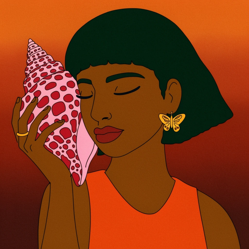 A woman with a dark green bob holds a large, spotted pink and red seashell to her ear in a flat 2D illustration. She features dark skin, closed eyes, an orange sleeveless top, a gold butterfly earring, and a gold ring. The scene is set against a warm orange to dark reddish-brown gradient background. The aesthetic combines bold outlines, earthy tones, and a subtle noise texture.