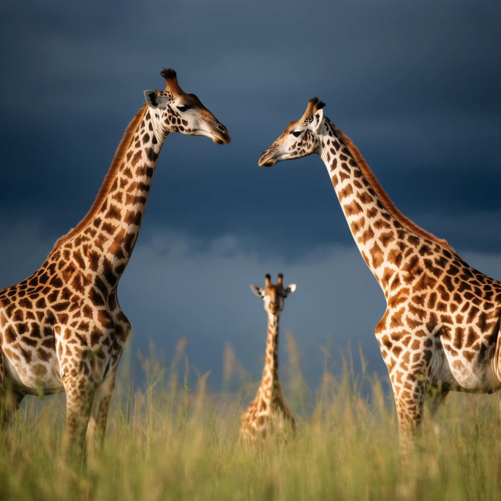 Two adult giraffes stand symmetrically in tall savanna grass, their long necks angled inward as they face each other. Warm sunlight highlights their distinct brown and cream patterned coats. Centered between them in the soft-focus background, a third smaller giraffe looks forward. Shot from a low angle, this wildlife photography contrasts the brightly lit foreground against a dramatic, dark blue-grey stormy sky.