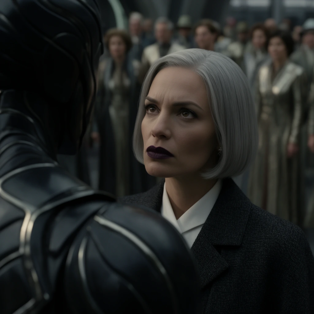 A woman with a sleek silver bob and deep plum lipstick gazes intently up at a towering figure seen from behind in soft focus. The foreground figure wears smooth obsidian armor with metallic ridging. The woman sports a crisp white collar under a textured charcoal overcoat, her expression stern and focused. In the heavily blurred background, a crowd of travelers in elegant metallic garments stands in a diffused, retro-futuristic terminal. The cinematic over-the-shoulder shot features a shallow depth of field and moody, overcast lighting that casts soft shadows across her contoured facial features.