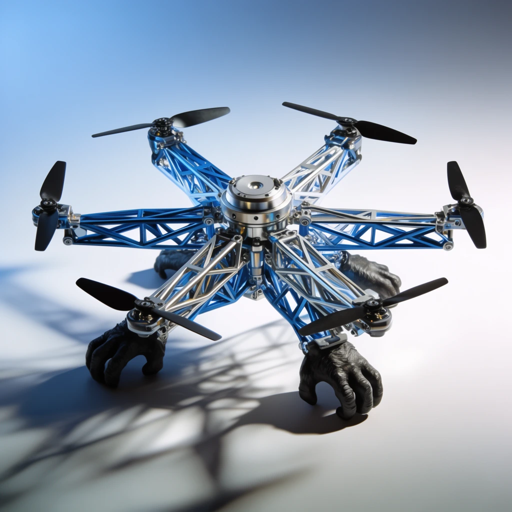A star-shaped mechanical drone rests on a smooth studio surface. The structure features a central metallic hub surrounded by radiating blue and silver geometric truss arms. Six black propellers are mounted at the arm extremities. Four dark sculpted primate-like hands act as the base landing gear. The environment is a minimalist gradient backdrop shifting from soft blue to stark white. Crisp directional lighting casts long distorted geometric shadows onto the floor, highlighting reflective metallic textures.