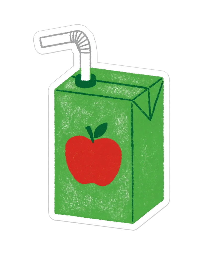 A textured illustration of a green apple juice box sticker with a white straw and a red apple icon. The central subject is a three-quarter view representation of a rectangular juice carton, rendered in a vibrant medium green. The carton's surface features a grainy, chalky white texture that gives it a hand-drawn or screen-printed appearance. Centered on the front panel of the box is a solid red apple graphic, topped with a small dark green stem and a single leaf. A white flexible straw is inserted into the top of the box, featuring a series of thin grey horizontal lines at the bend to denote its accordion-like structure. The straw curves sharply to the left. The entire illustration is encased in a thin, uniform white border, typical of a die-cut sticker design. The graphic is set against a plain, solid white background, with no other environmental elements present. The artistic style is minimalist and flat, utilizing an isometric perspective to show the front, right side, and top of the box simultaneously. Lighting is uniform across the subject, with the textural patterns providing the only variation in color and depth.