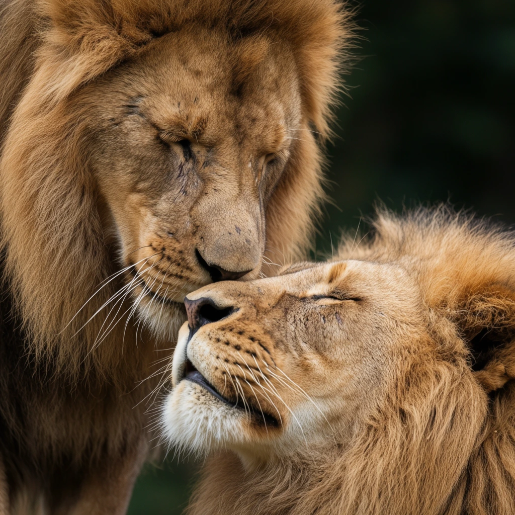 A tight close-up wildlife photograph captures two male lions sharing an intimate interaction. The lion on the left leans downward with closed eyes, gently nuzzling the snout of the lion on the right. The second lion tilts its face upward, eyes shut and mouth slightly parted. Thick, tawny manes frame their rugged faces. Sharp focus reveals coarse golden fur, prominent stiff white whiskers, and subtle facial scars. A heavily blurred, dark green and black background isolates the subjects. Soft, natural lighting highlights the intricate textures of their coats using a shallow depth of field.