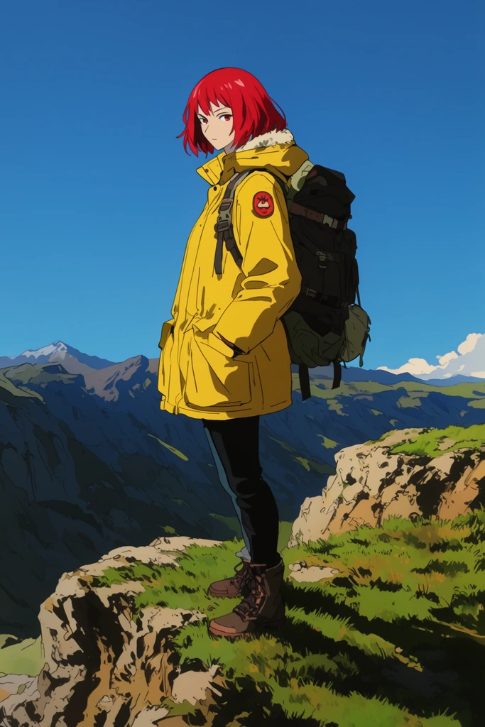 A tall woman with short red hair in a yellow parka stands on a rugged cliff overlooking distant mountains. The cel-shaded anime illustration features vibrant flat colors, a clear blue sky, a heavy backpack, and high-contrast shadows across the grassy foreground.