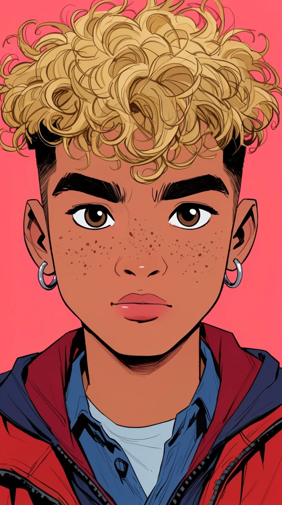 close-up 2D comic portrait of a youth, messy curly blonde hair with dark undercut, thick dark eyebrows, large brown eyes, freckles, silver hoop earrings, layered red jacket and blue shirt, vibrant coral pink background, crisp linework