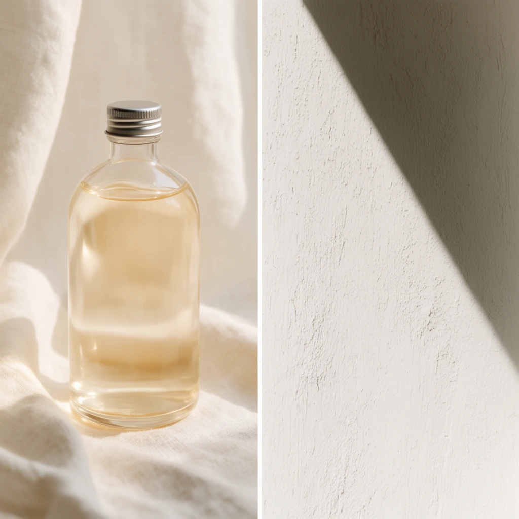 A side-by-side diptych in a warm, monochromatic palette. The left panel features a minimalist clear glass bottle filled with pale golden fluid and a silver screw cap, resting on softly draped, textured off-white linen under diffused sunlight. The right panel displays a closely cropped, textured off-white architectural surface intersected by a sharp, diagonal shadow. The overall composition contrasts organic, glowing softness with crisp, dramatic geometric lighting.