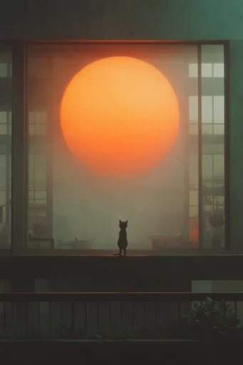 Minimalist Solar Surrealism style reference image — giant glowing red sun